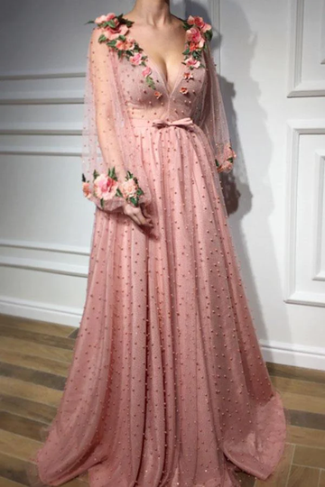 Beautiful Long Sleeves V Neck 3D Flowers Pink Prom Dresses Formal Dress HZ1023